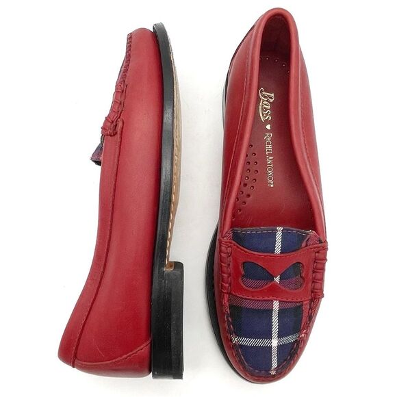 Bass x Rachel Antonoff Red Leather Wendybird Plaid Weejuns Penny Loafer Size 6 - Picture 1 of 16